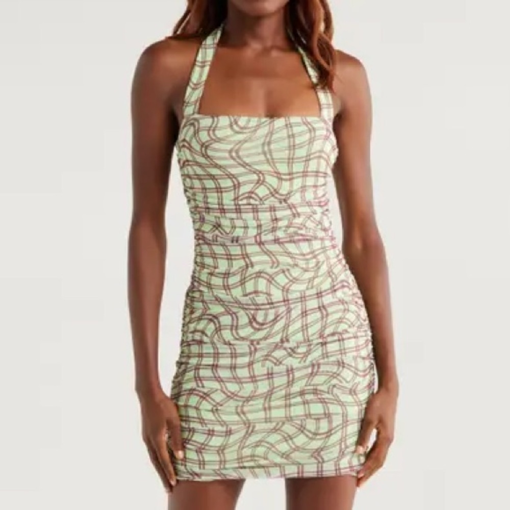 AFRM Bonnie Halter Neck Mesh Minidress - Minty Plaid